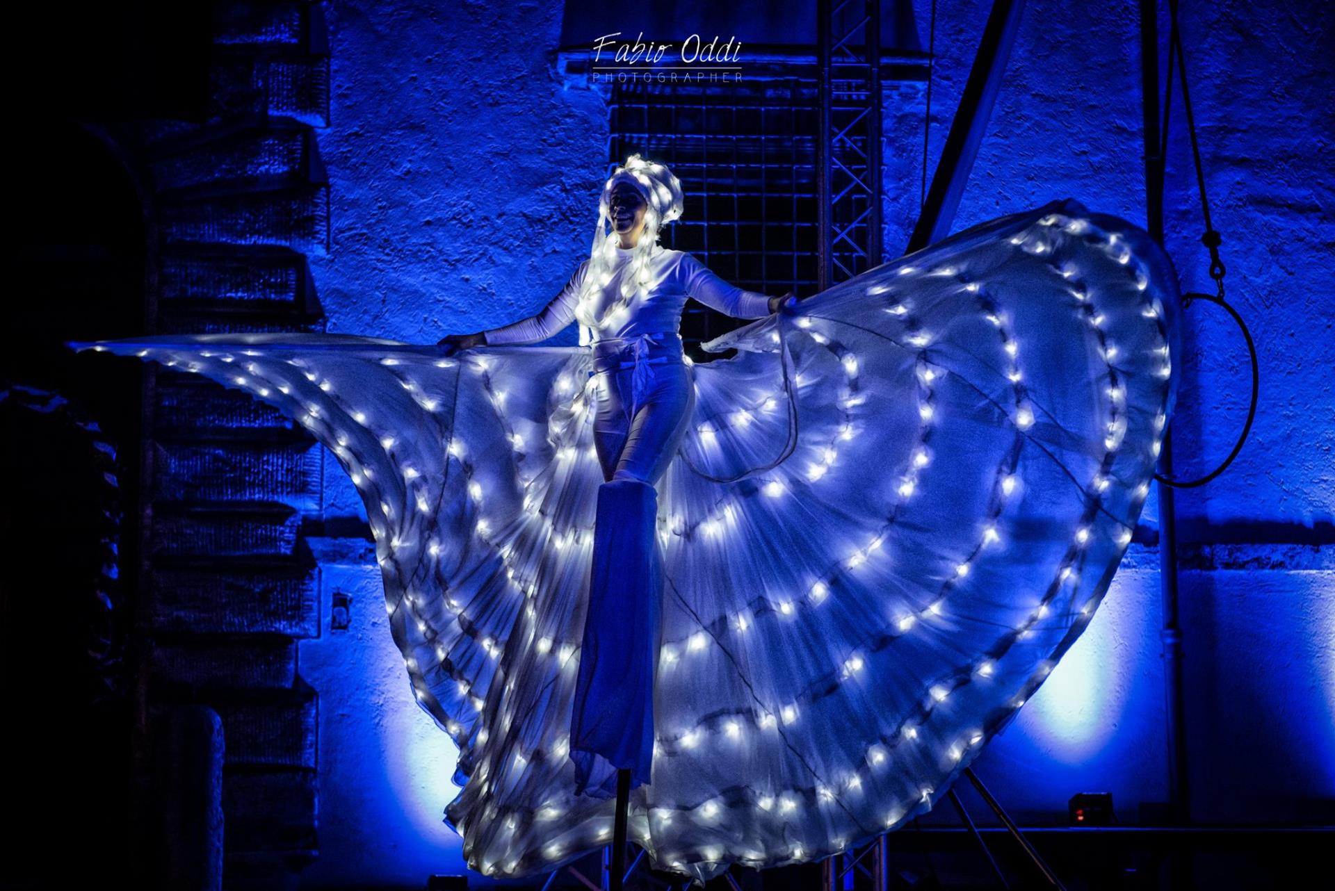 Luminous butterfly with open wings on stilts